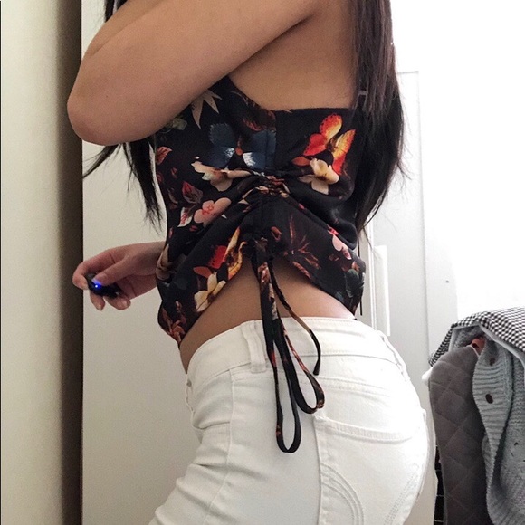 SATIN BUTTERFLY PRINT COWL NECK TOP - Picture 2 of 3